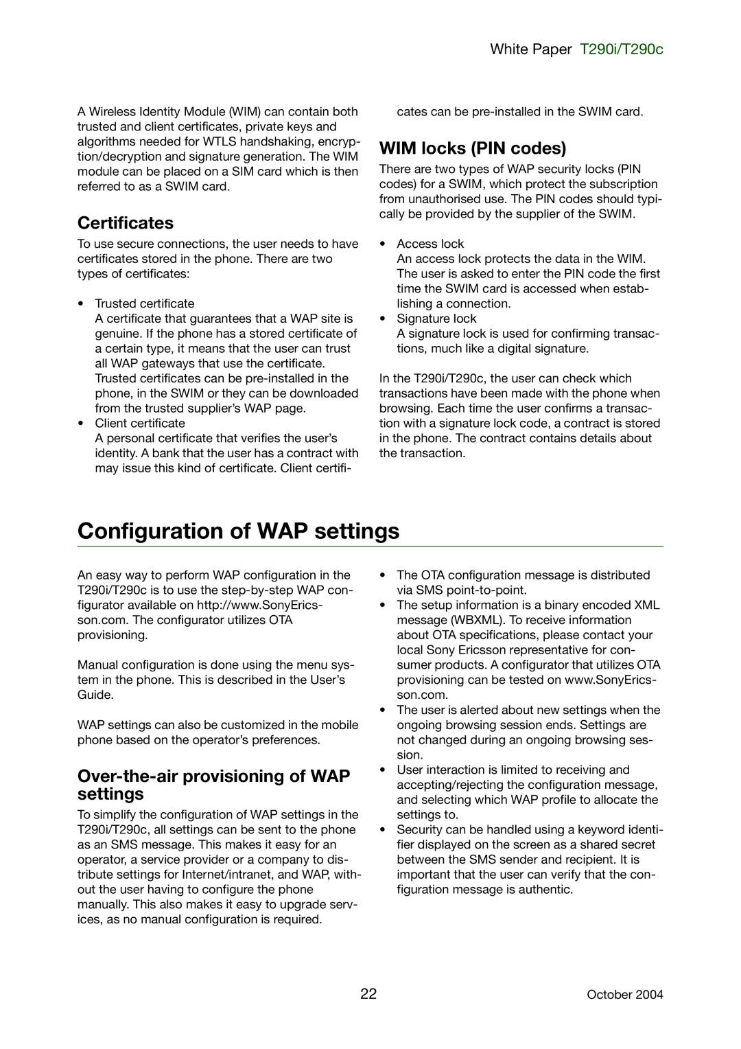 Sony Ericsson T290c, T290i manual Configuration of WAP settings, Certificates, WIM locks PIN codes 