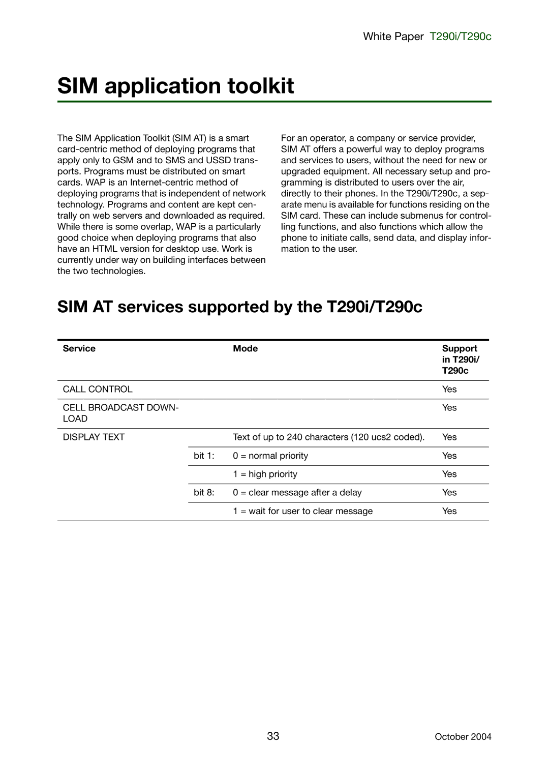 Sony Ericsson SIM application toolkit, SIM AT services supported by the T290i/T290c, Service Mode Support T290i T290c 