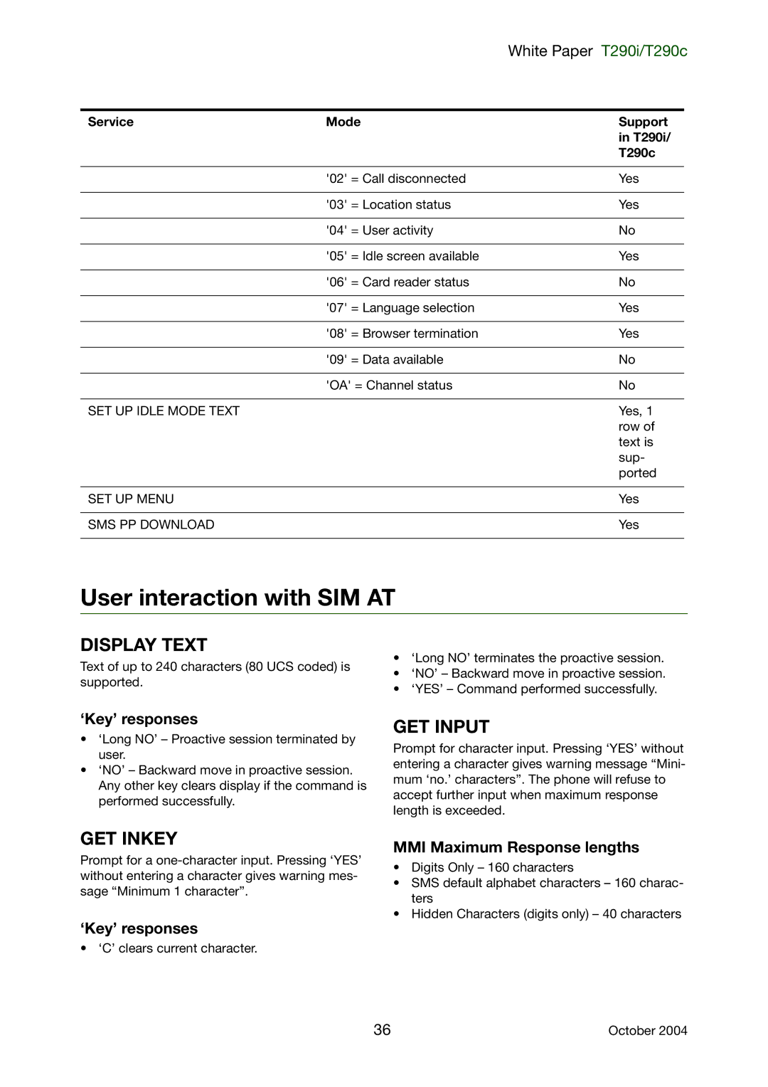 Sony Ericsson T290c, T290i manual User interaction with SIM AT, ‘Key’ responses, MMI Maximum Response lengths 