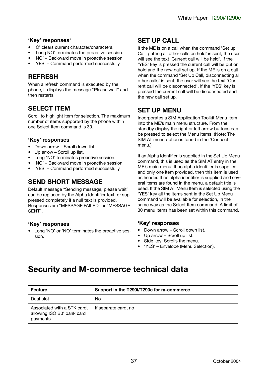 Sony Ericsson T290i, T290c manual Security and M-commerce technical data, ‘Key’ responses‘ 