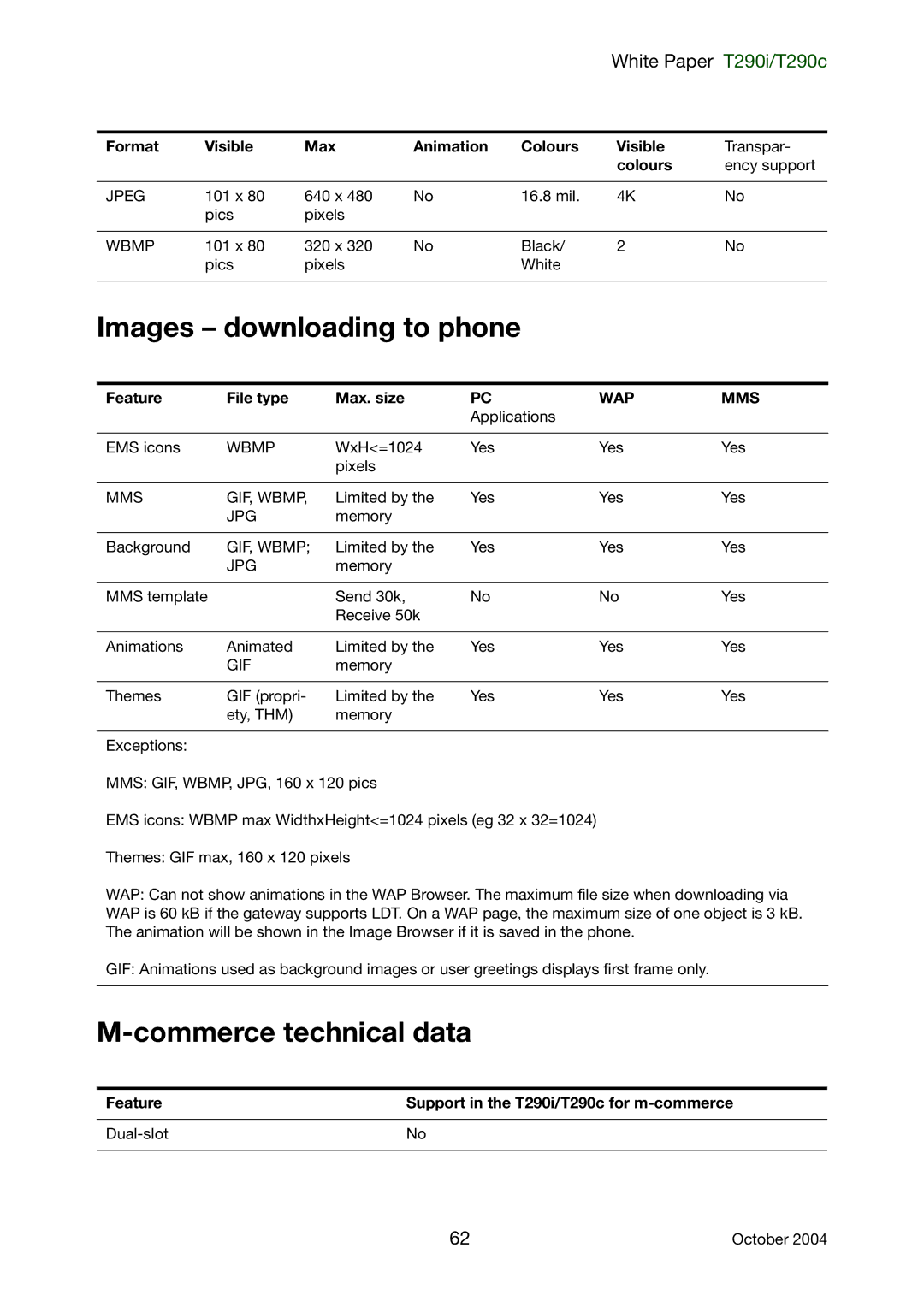 Sony Ericsson T290c, T290i manual Images downloading to phone, Commerce technical data, Feature File type Max. size 