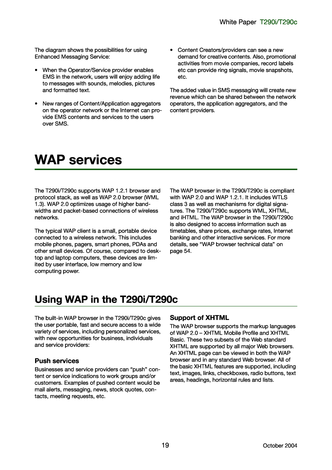 Sony Ericsson manual WAP services, Using WAP in the T290i/T290c, White Paper T290i/T290c 
