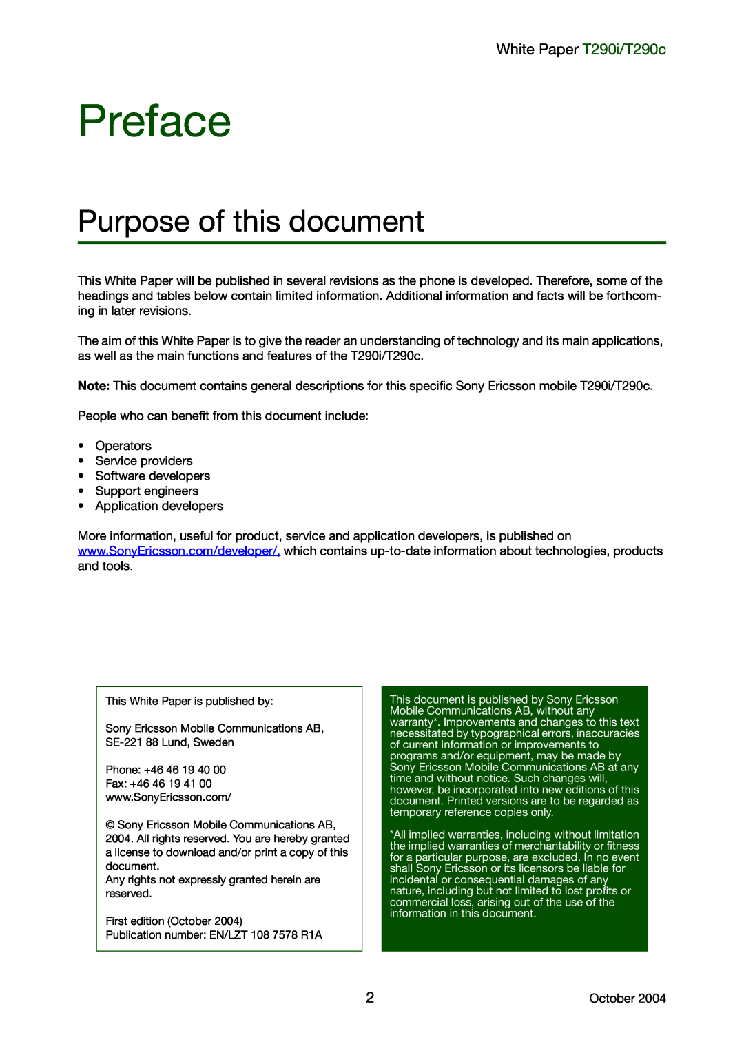 Sony Ericsson manual Preface, Purpose of this document, White Paper T290i/T290c 
