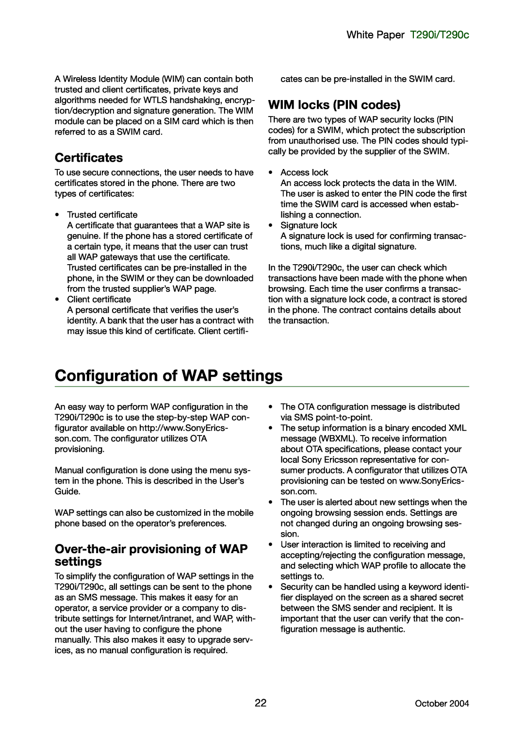 Sony Ericsson manual Configuration of WAP settings, Certificates, WIM locks PIN codes, White Paper T290i/T290c 