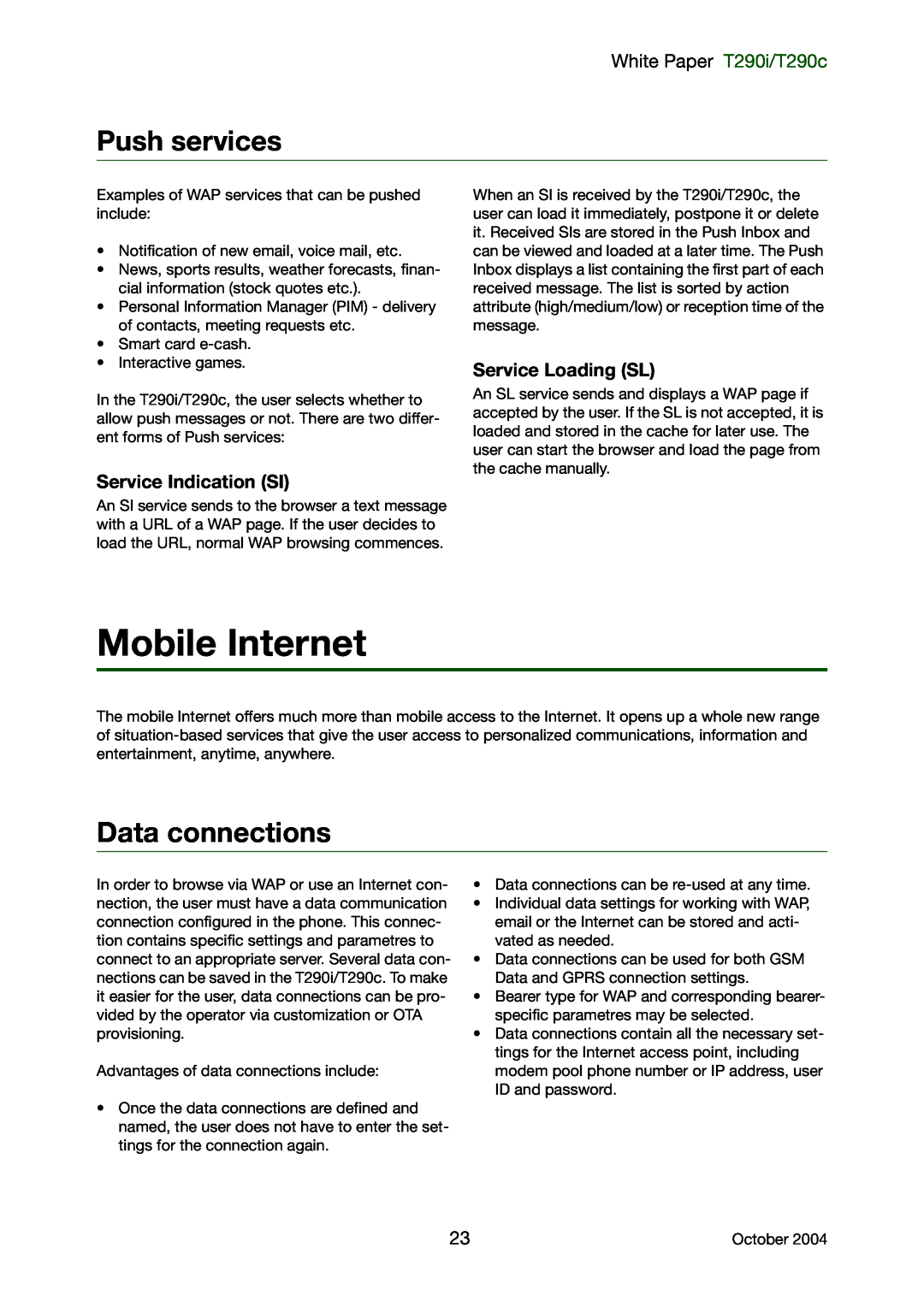 Sony Ericsson manual Mobile Internet, Push services, Data connections, White Paper T290i/T290c 