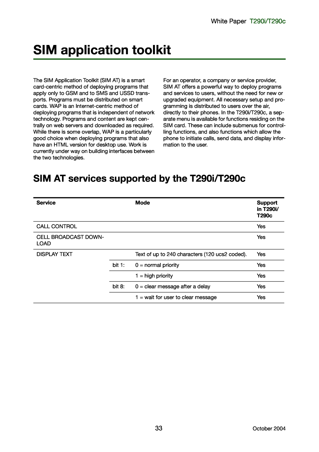 Sony Ericsson manual SIM application toolkit, SIM AT services supported by the T290i/T290c, White Paper T290i/T290c 