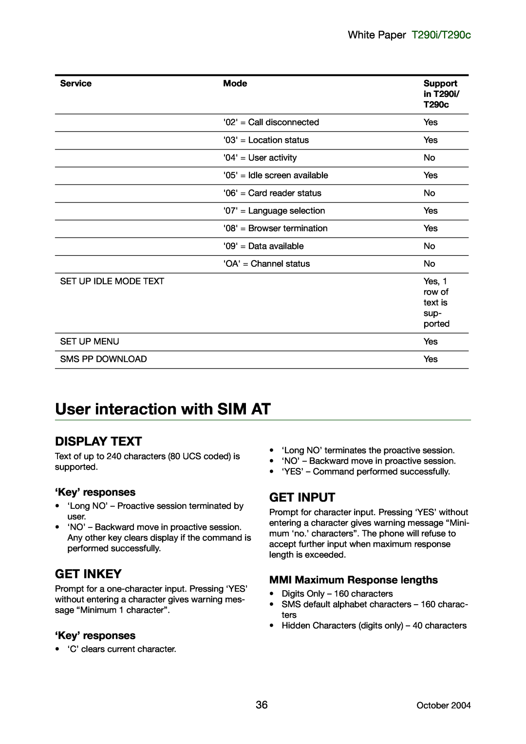 Sony Ericsson manual User interaction with SIM AT, Display Text, Get Inkey, Get Input, White Paper T290i/T290c 