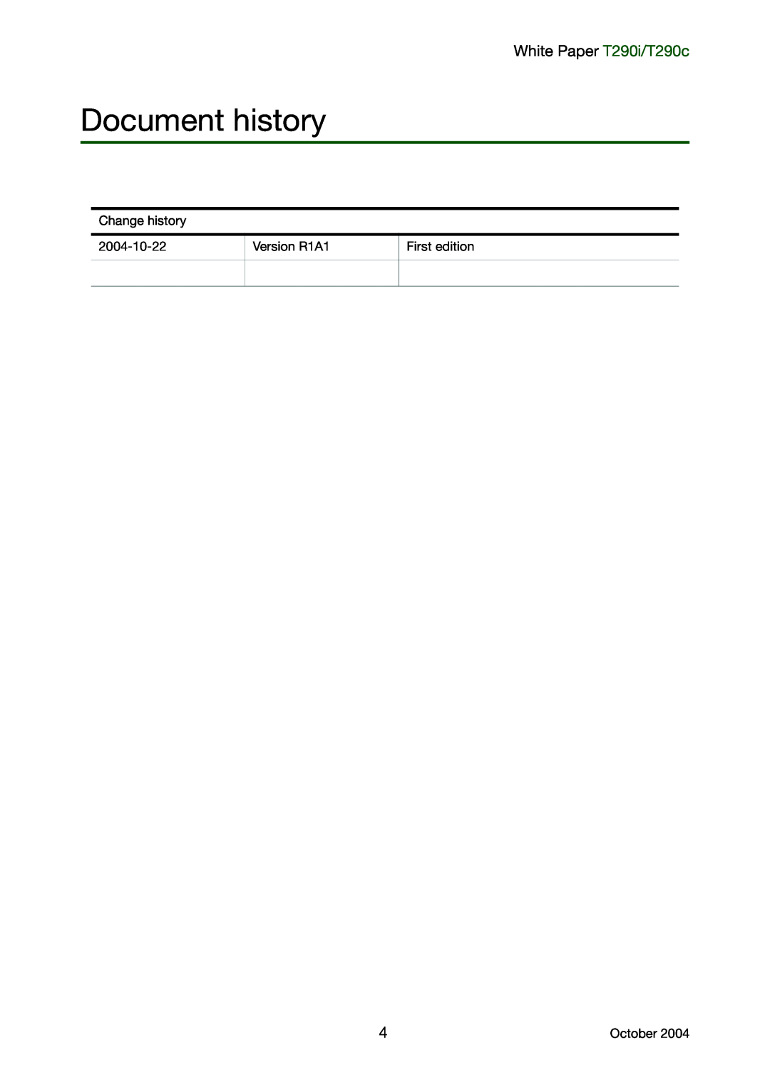 Sony Ericsson manual Document history, White Paper T290i/T290c 