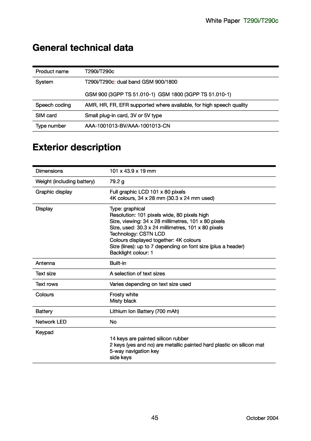 Sony Ericsson manual General technical data, Exterior description, White Paper T290i/T290c 