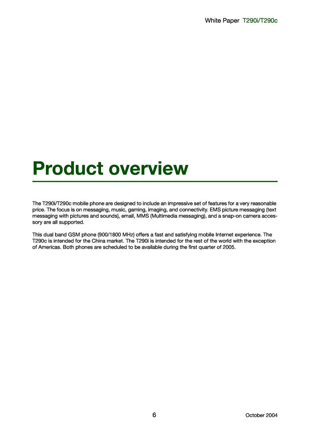Sony Ericsson manual Product overview, White Paper T290i/T290c 