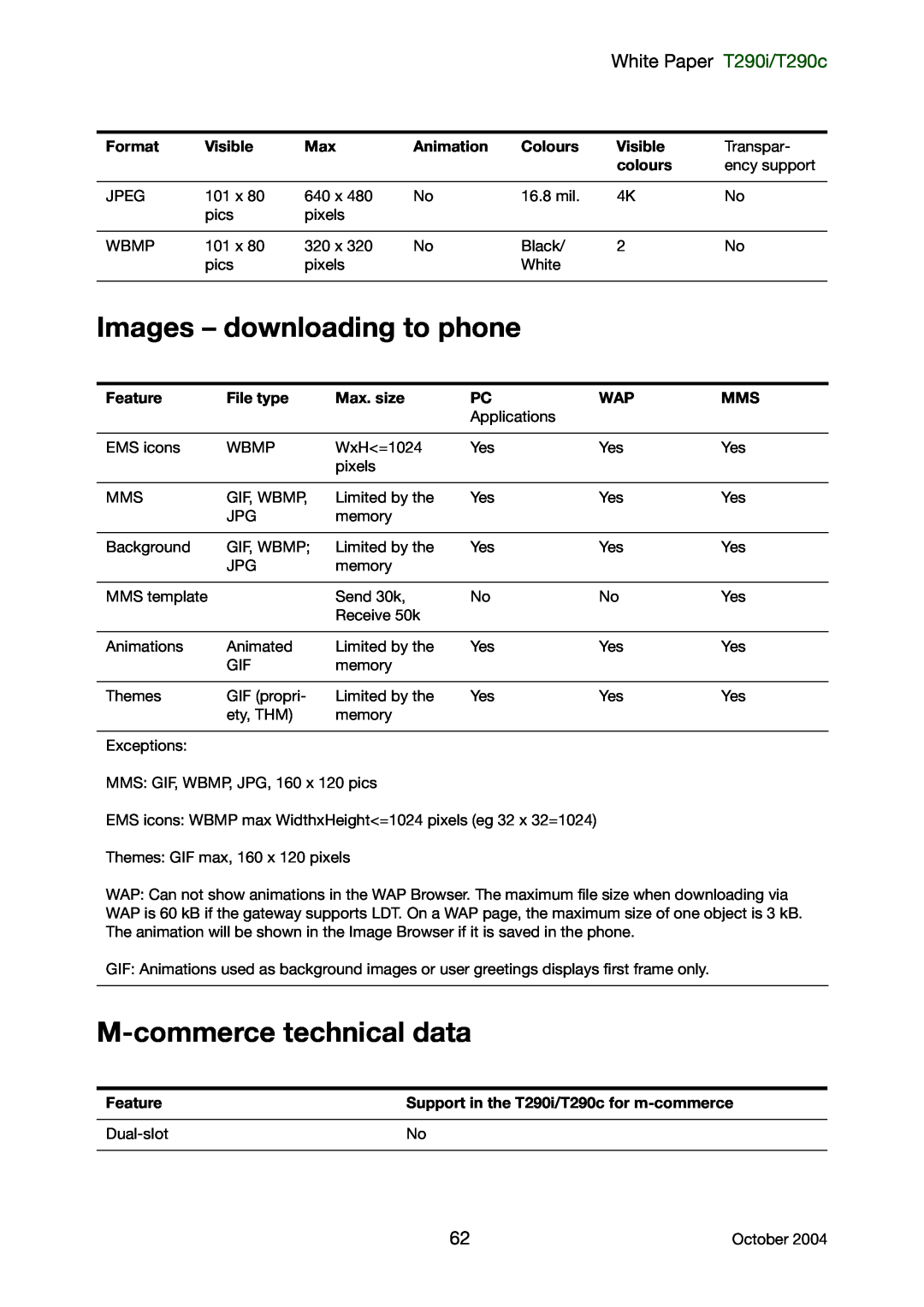 Sony Ericsson manual Images - downloading to phone, M-commerce technical data, White Paper T290i/T290c 
