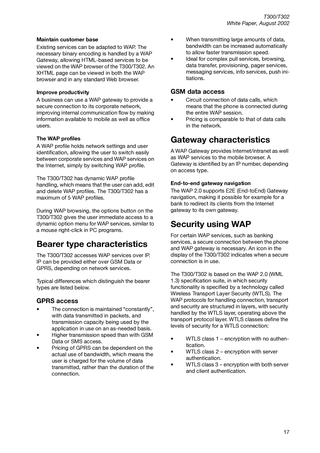 Sony Ericsson T300 Bearer type characteristics, Gateway characteristics, Security using WAP, Gprs access, GSM data access 