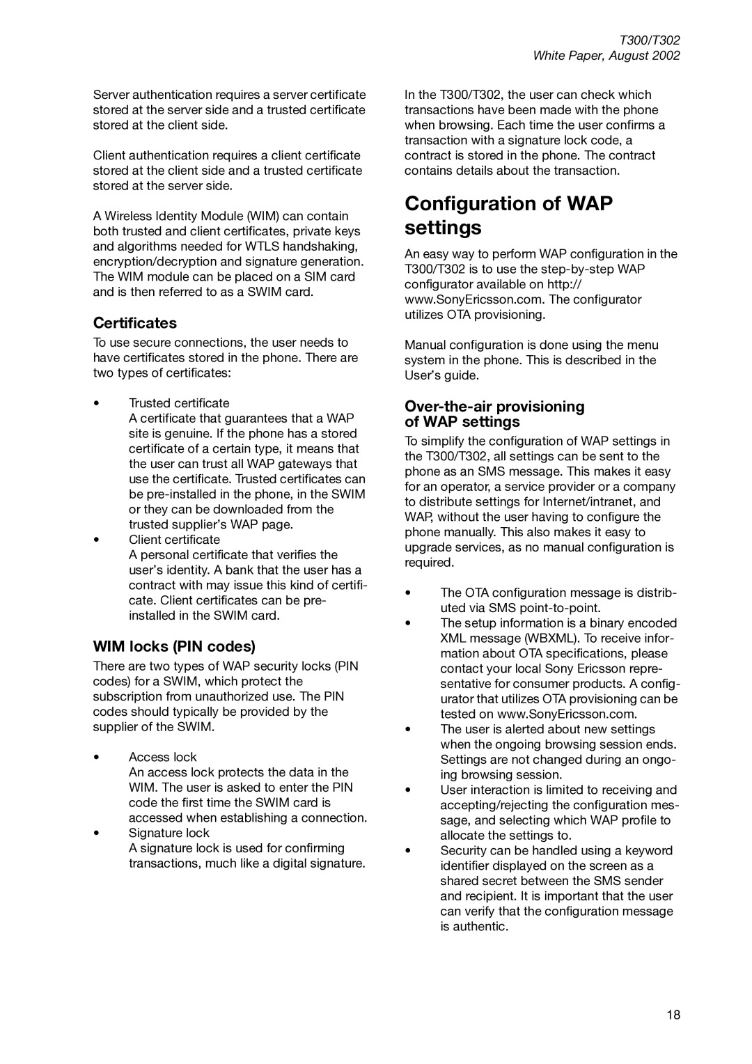 Sony Ericsson T300 manual Configuration of WAP settings, Certificates, WIM locks PIN codes 