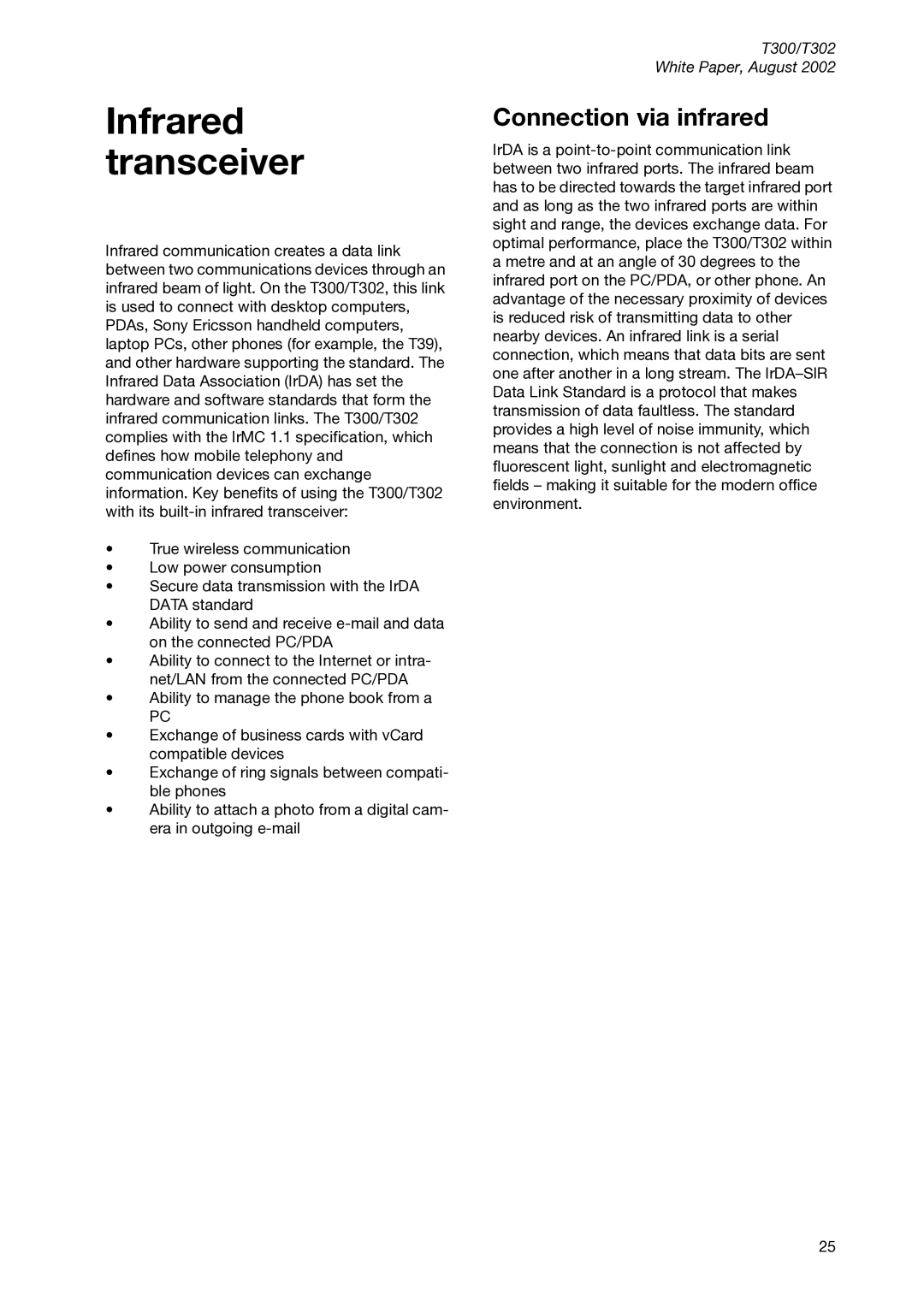 Sony Ericsson T300 manual Infrared transceiver, Connection via infrared 