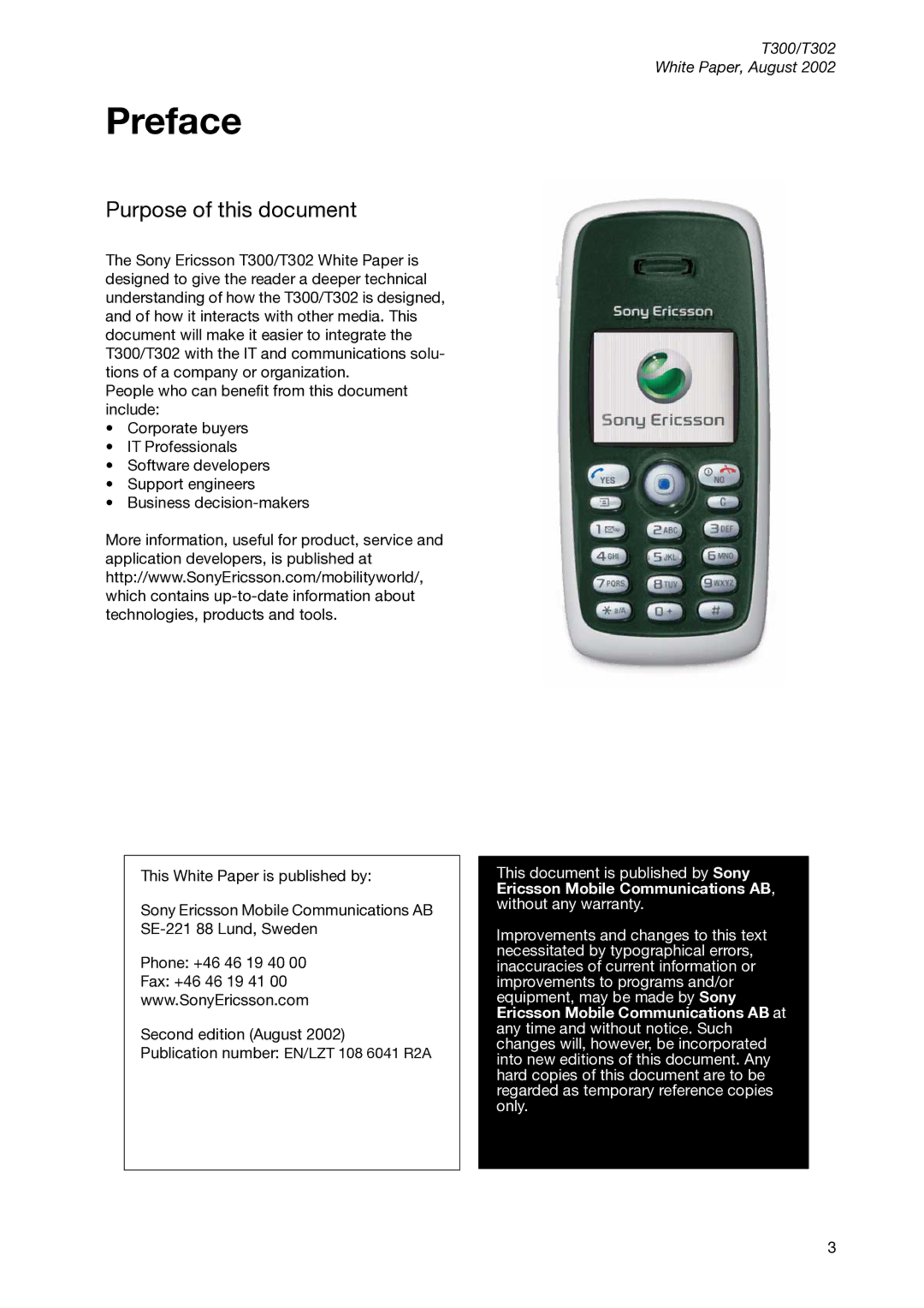 Sony Ericsson T300 manual Preface, Purpose of this document 