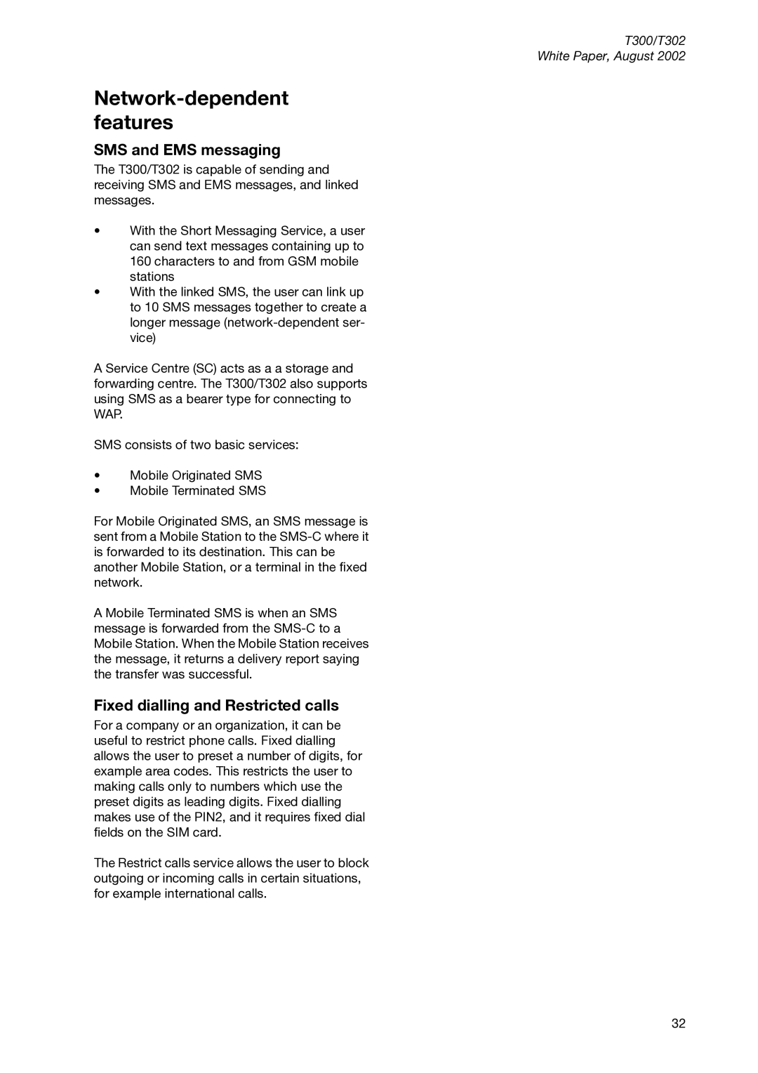 Sony Ericsson T300 manual Network-dependent features, SMS and EMS messaging, Fixed dialling and Restricted calls 