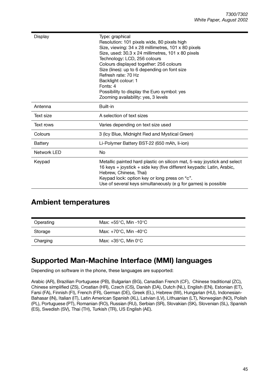 Sony Ericsson T300 manual Ambient temperatures, Supported Man-Machine Interface MMI languages 