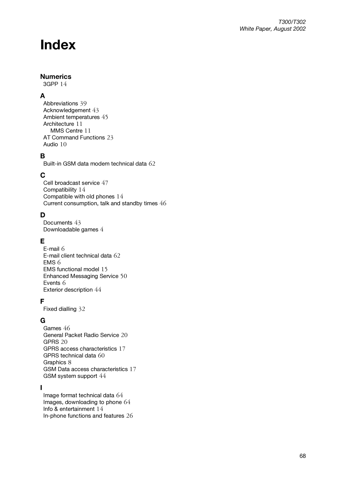 Sony Ericsson T300 manual Index, Numerics, Ems, Gprs 