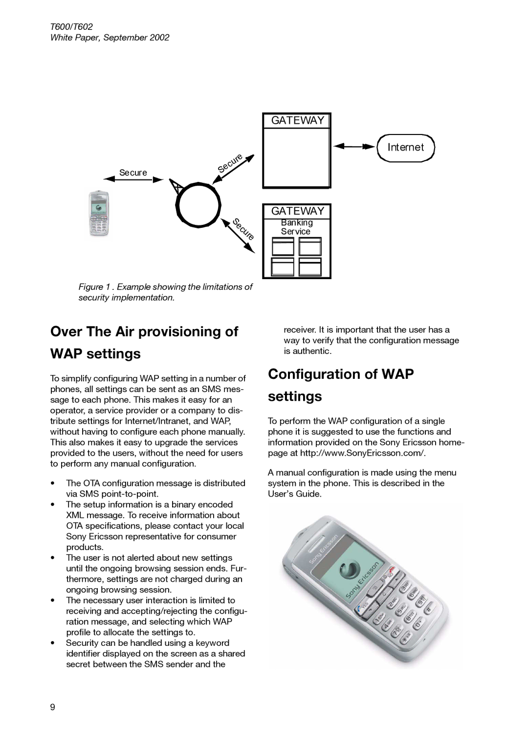 Sony Ericsson T600 manual Over The Air provisioning WAP settings, Configuration of WAP Settings 