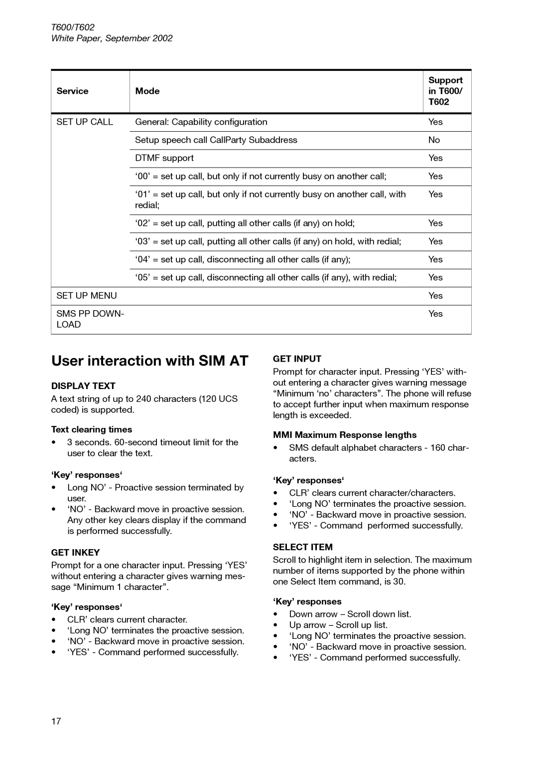 Sony Ericsson T600 manual User interaction with SIM AT, Display Text, GET Inkey, GET Input, Select Item 