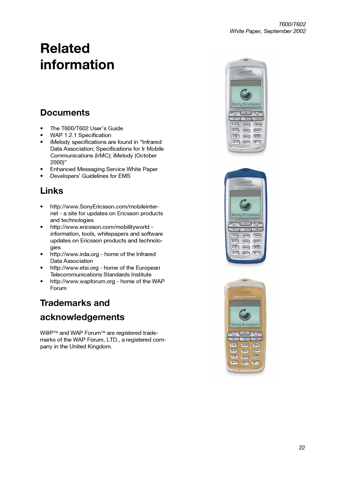 Sony Ericsson T600 manual Related information, Documents, Links Trademarks Acknowledgements 