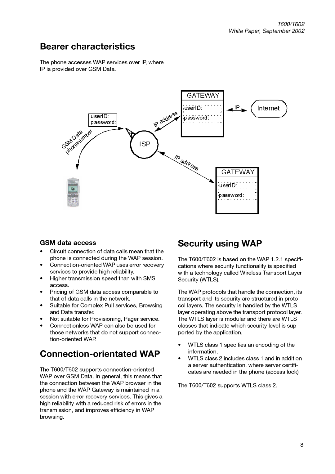 Sony Ericsson T600 manual Bearer characteristics, Connection-orientated WAP, Security using WAP 