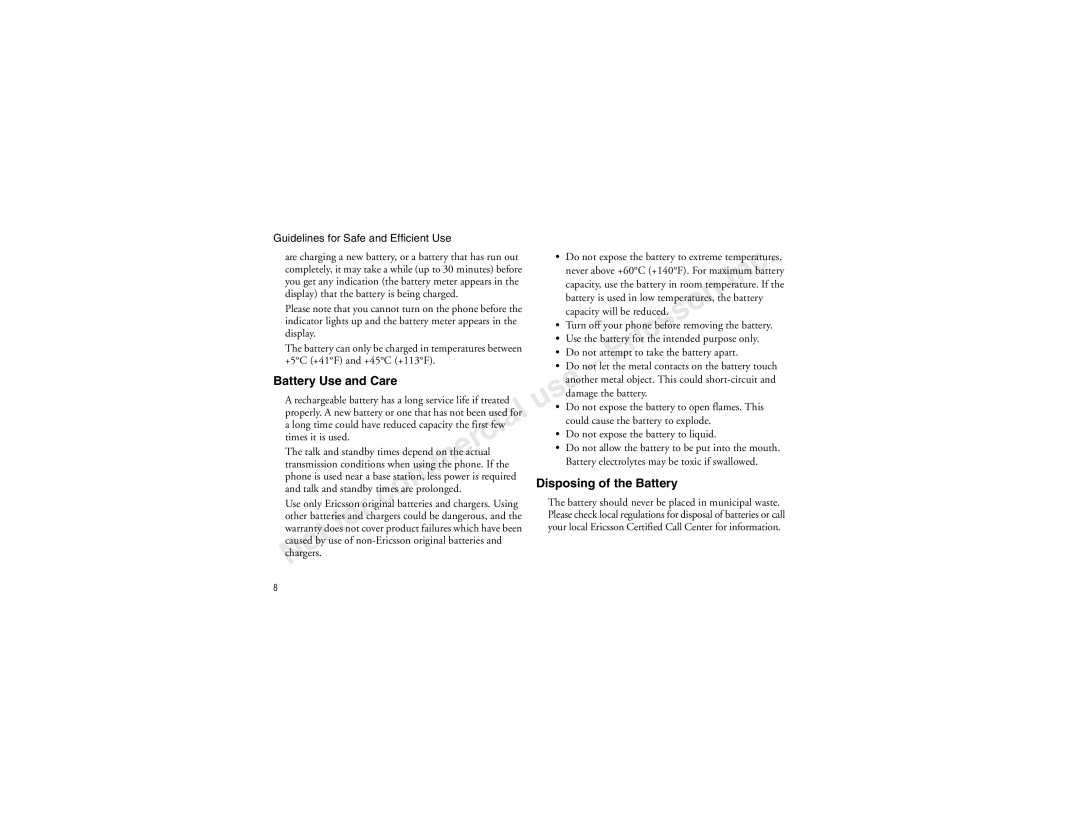 Sony Ericsson T60LX manual Battery Use and Care, Disposing of the Battery 