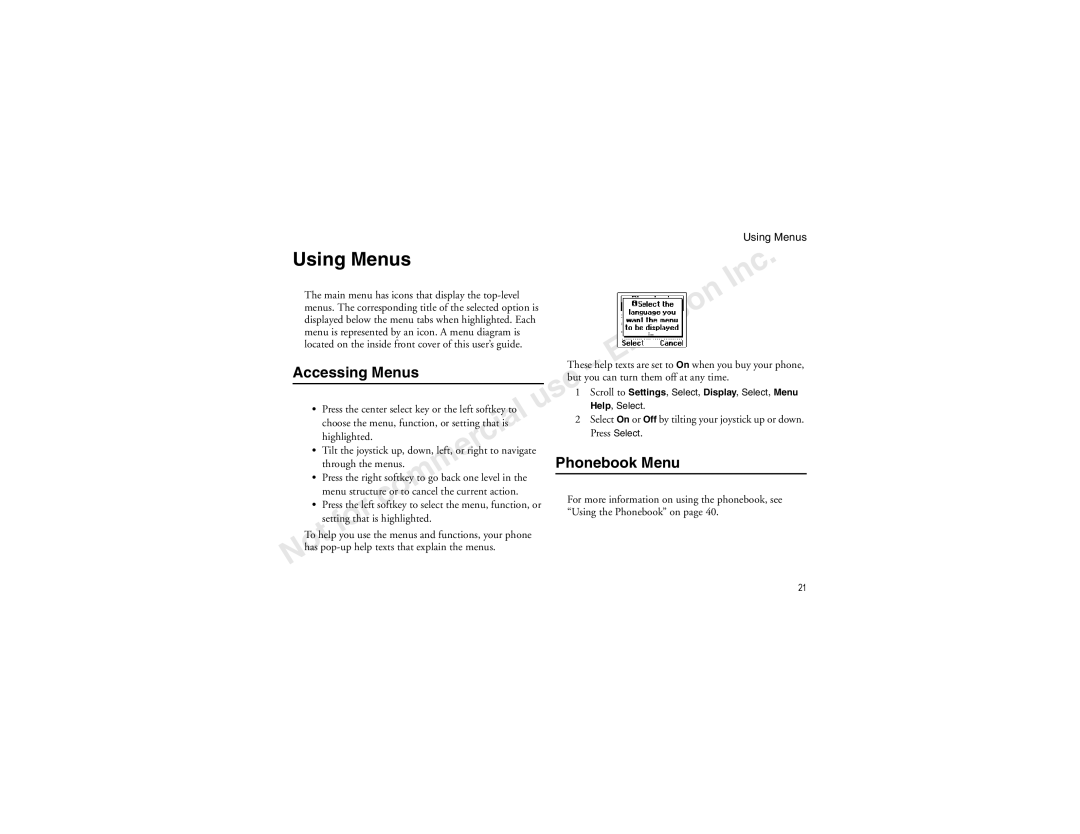 Sony Ericsson T60LX Accessing Menus, Scroll to Settings, Select, Display, Select, Menu, Highlighted, Through the menus 