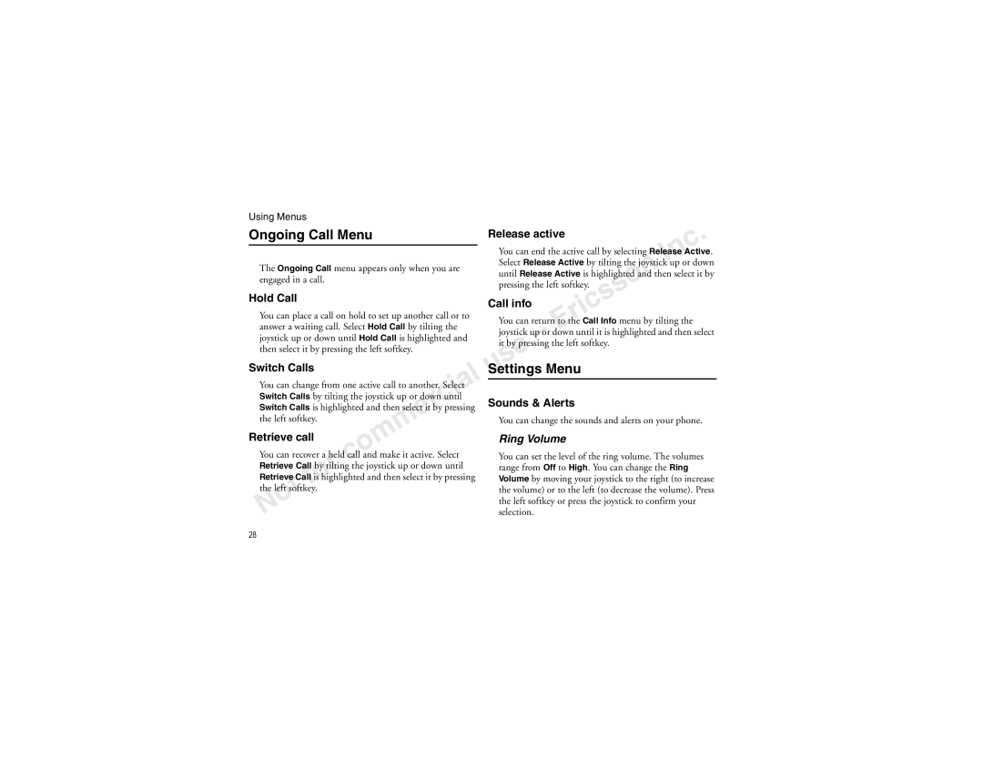 Sony Ericsson T60LX manual Ongoing Call Menu, Ring Volume 