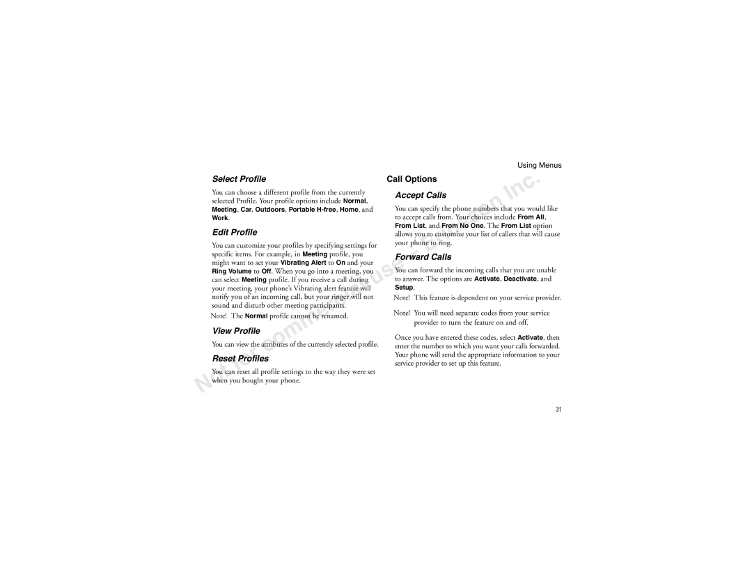 Sony Ericsson T60LX manual Select Profile, Accept Calls, Edit Profile, Forward Calls, View Profile, Reset Profiles 