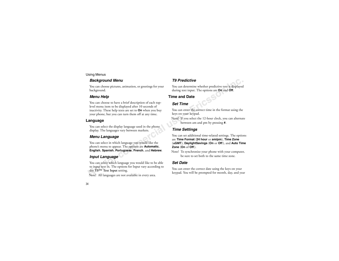 Sony Ericsson T60LX manual Background Menu T9 Predictive, Menu Help, Set Time, Time Settings Menu Language 