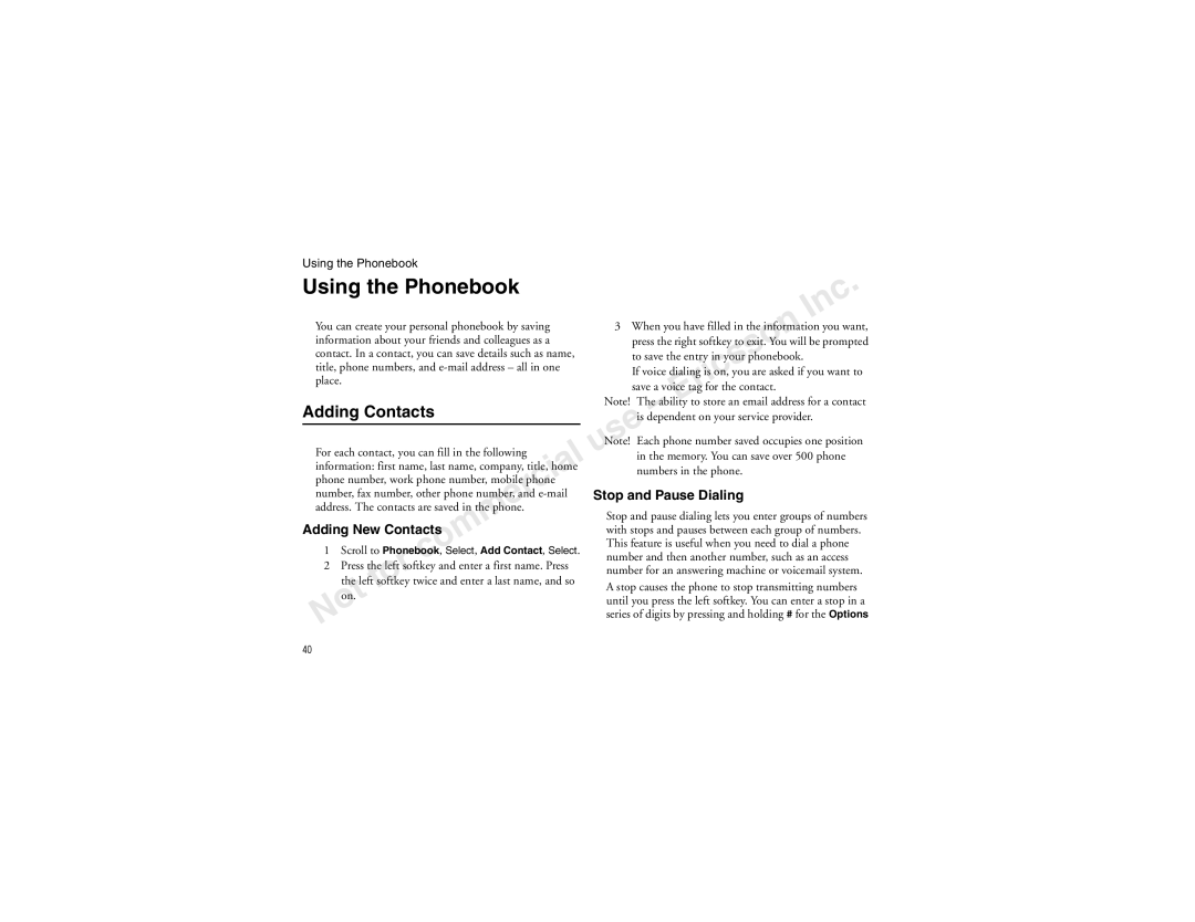 Sony Ericsson T60LX Adding Contacts, Stop and Pause Dialing, Adding New Contacts, Place Save a voice tag for the contact 