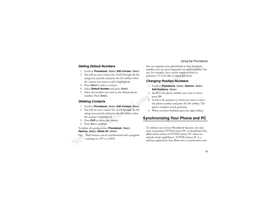 Sony Ericsson T60LX Synchronizing Your Phone and PC, Setting Default Numbers, Changing Position Numbers, Deleting Contacts 