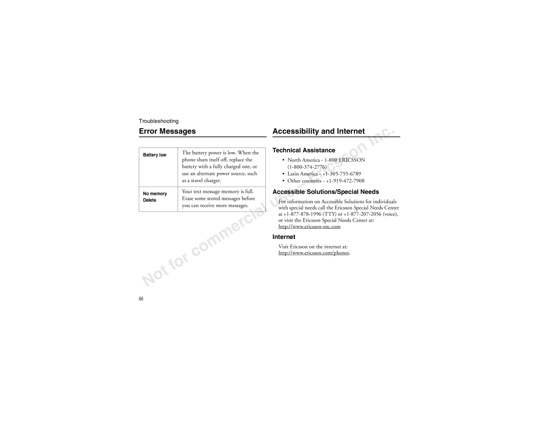 Sony Ericsson T60LX Error Messages Accessibility and Internet, Technical Assistance, Accessible Solutions/Special Needs 