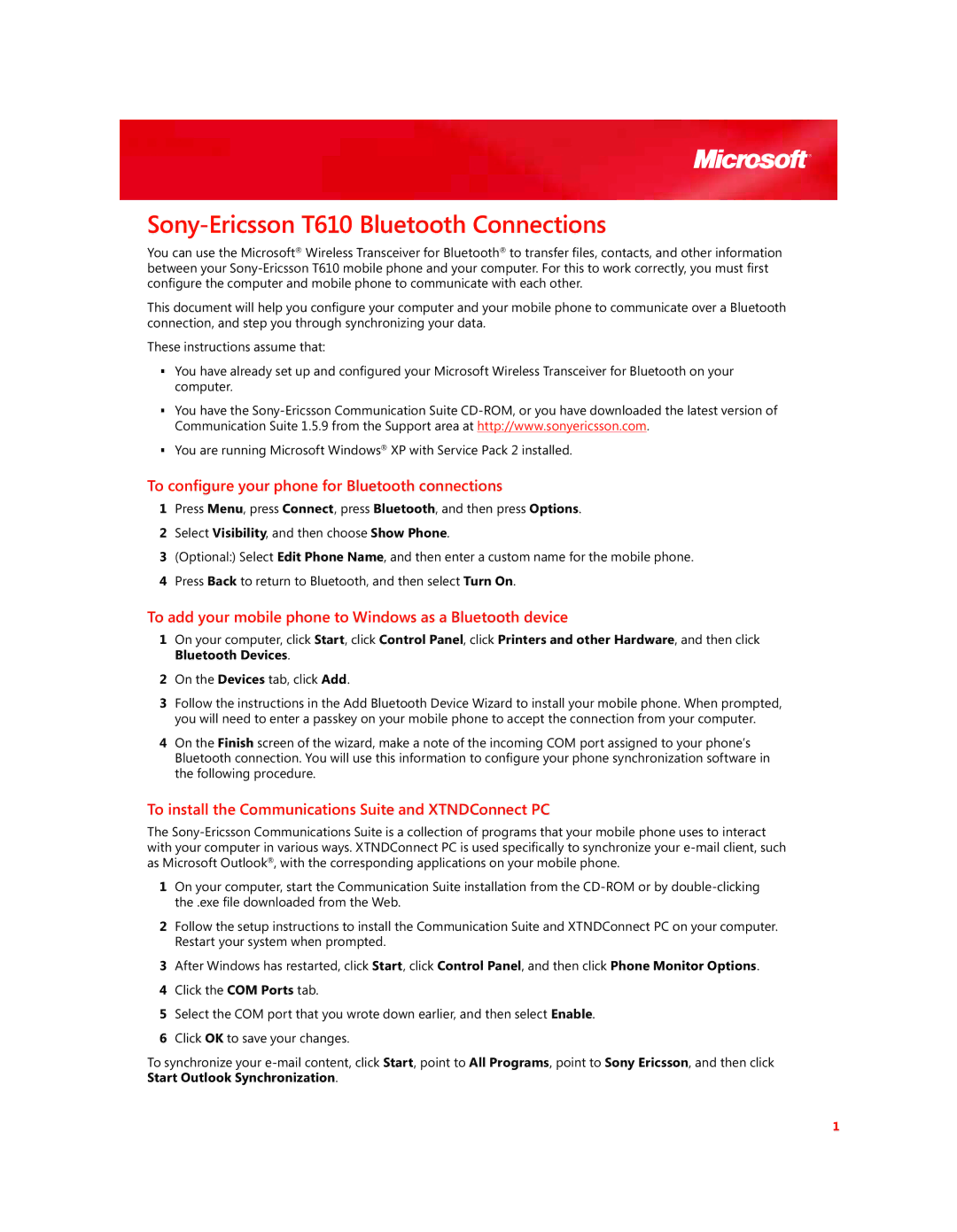 Sony Ericsson manual Sony-Ericsson T610 Bluetooth Connections, To configure your phone for Bluetooth connections 