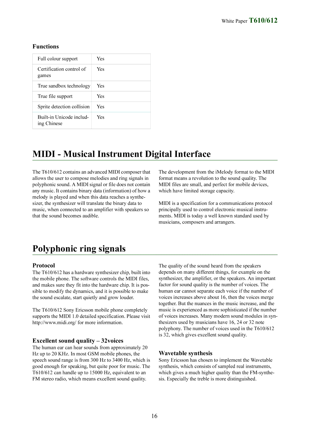 Sony Ericsson T612 manual Midi Musical Instrument Digital Interface, Polyphonic ring signals, Protocol, Wavetable synthesis 