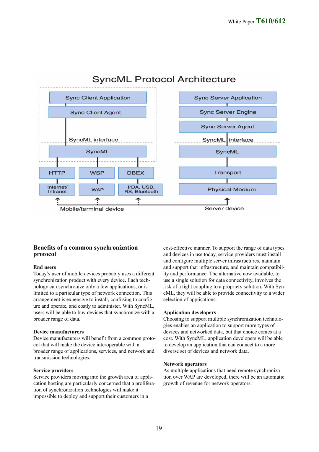 Sony Ericsson T612 Benefits of a common synchronization protocol, End users, Application developers, Network operators 