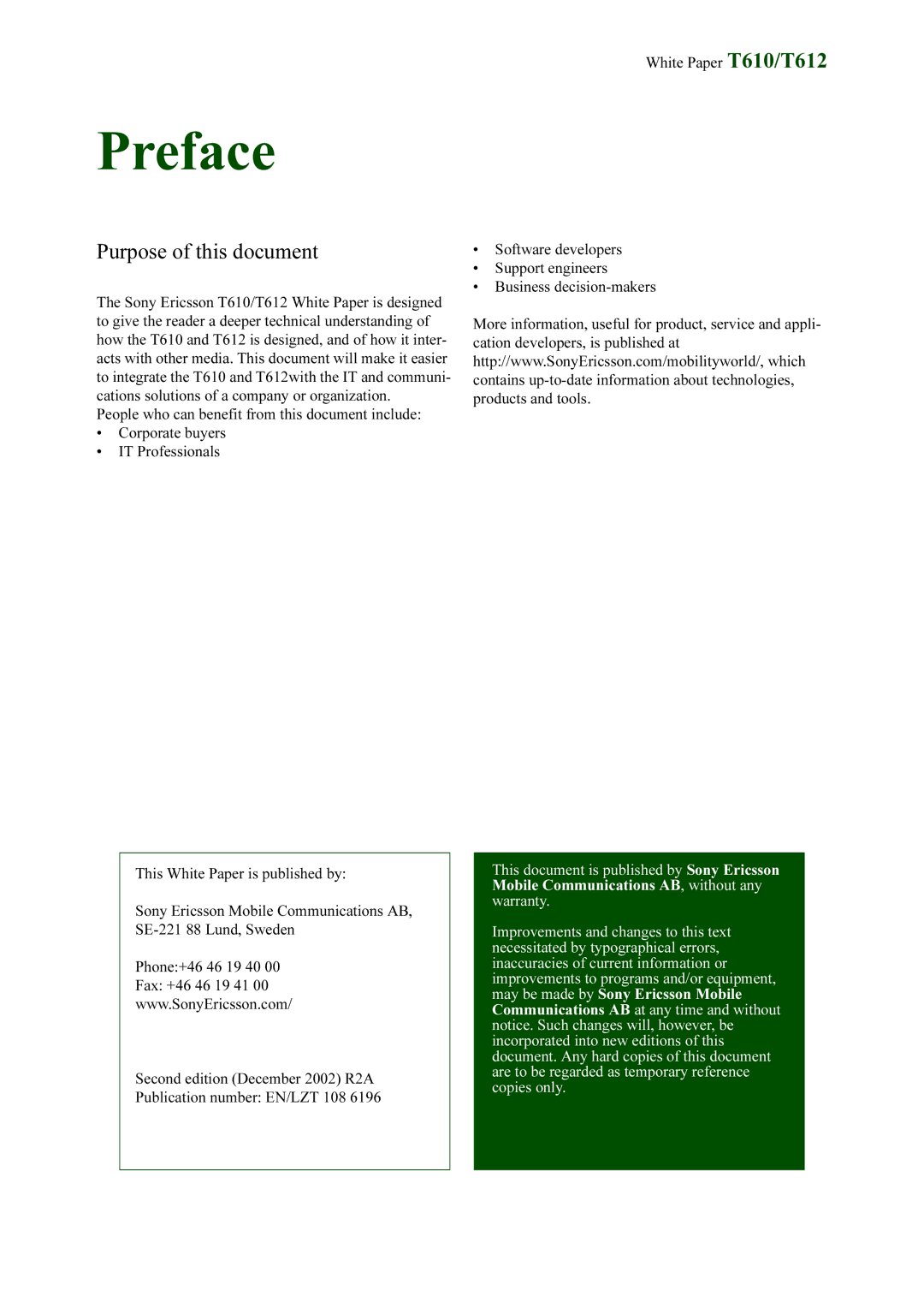 Sony Ericsson manual Preface, White Paper T610/T612 