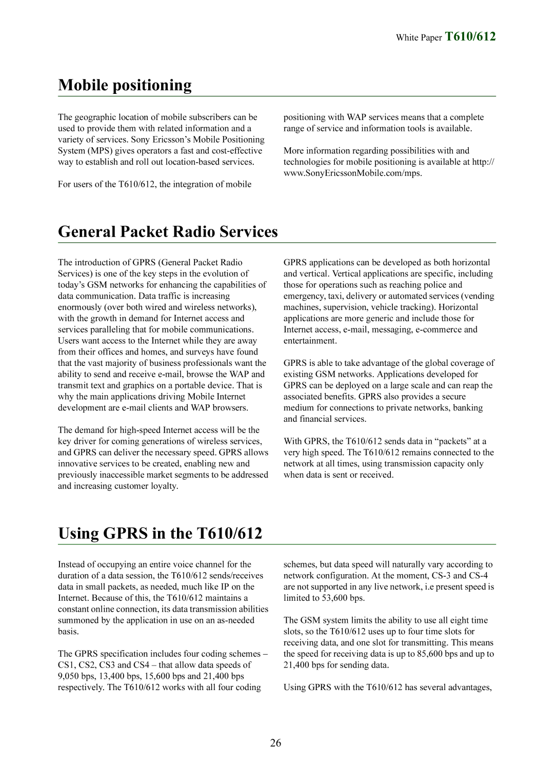 Sony Ericsson T612 manual Mobile positioning, General Packet Radio Services, Using Gprs in the T610/612 