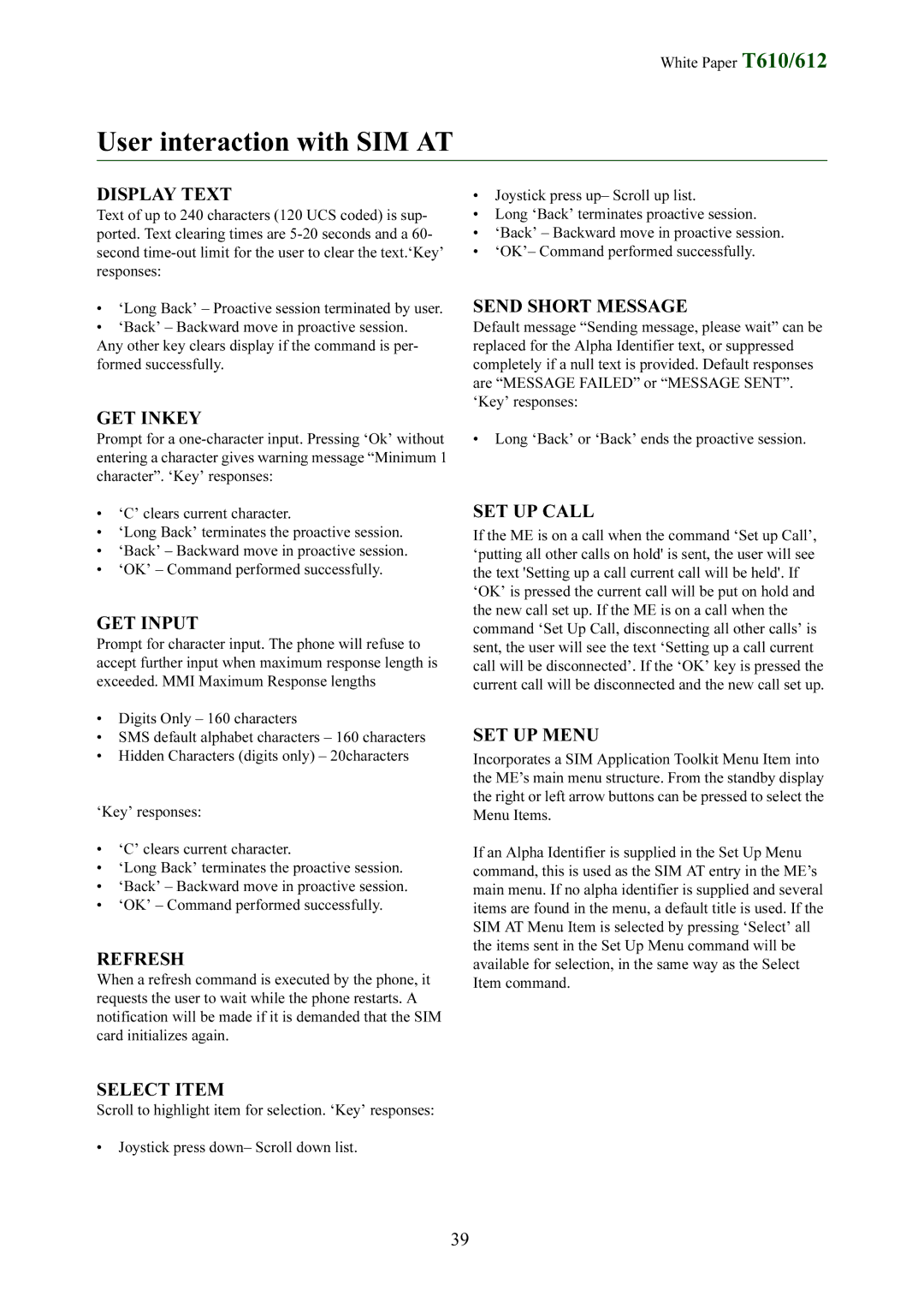 Sony Ericsson T612 manual User interaction with SIM AT, Display Text 