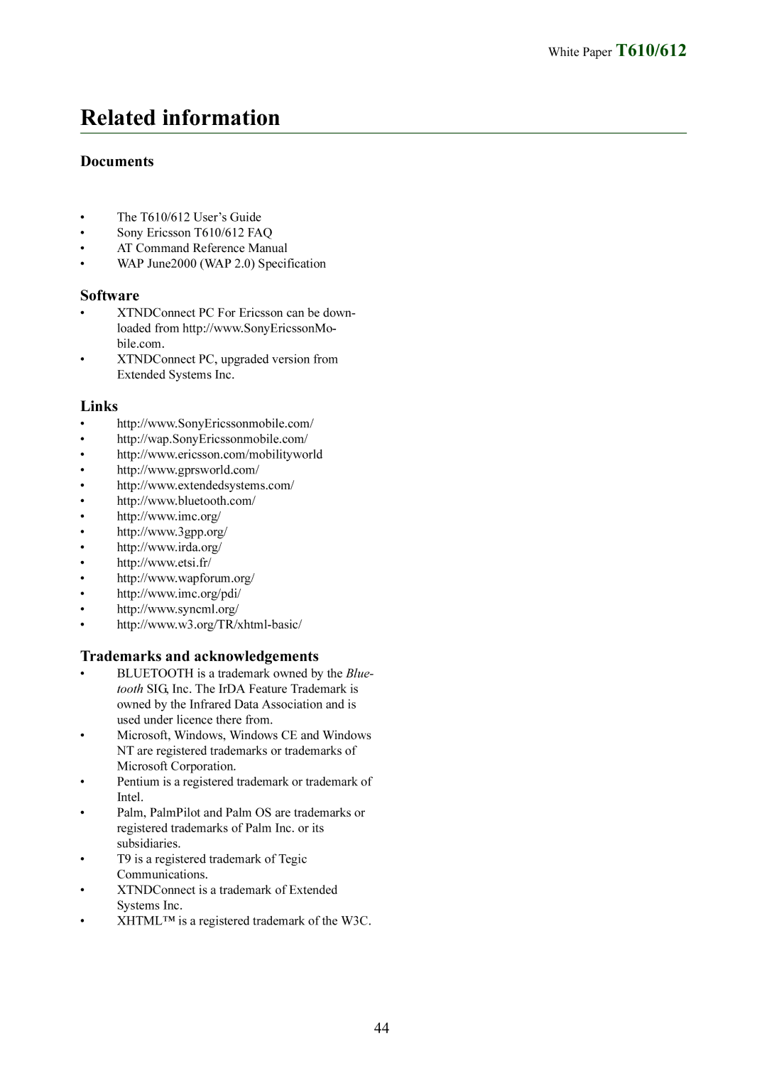 Sony Ericsson T612 manual Related information, Documents, Software, Links, Trademarks and acknowledgements 