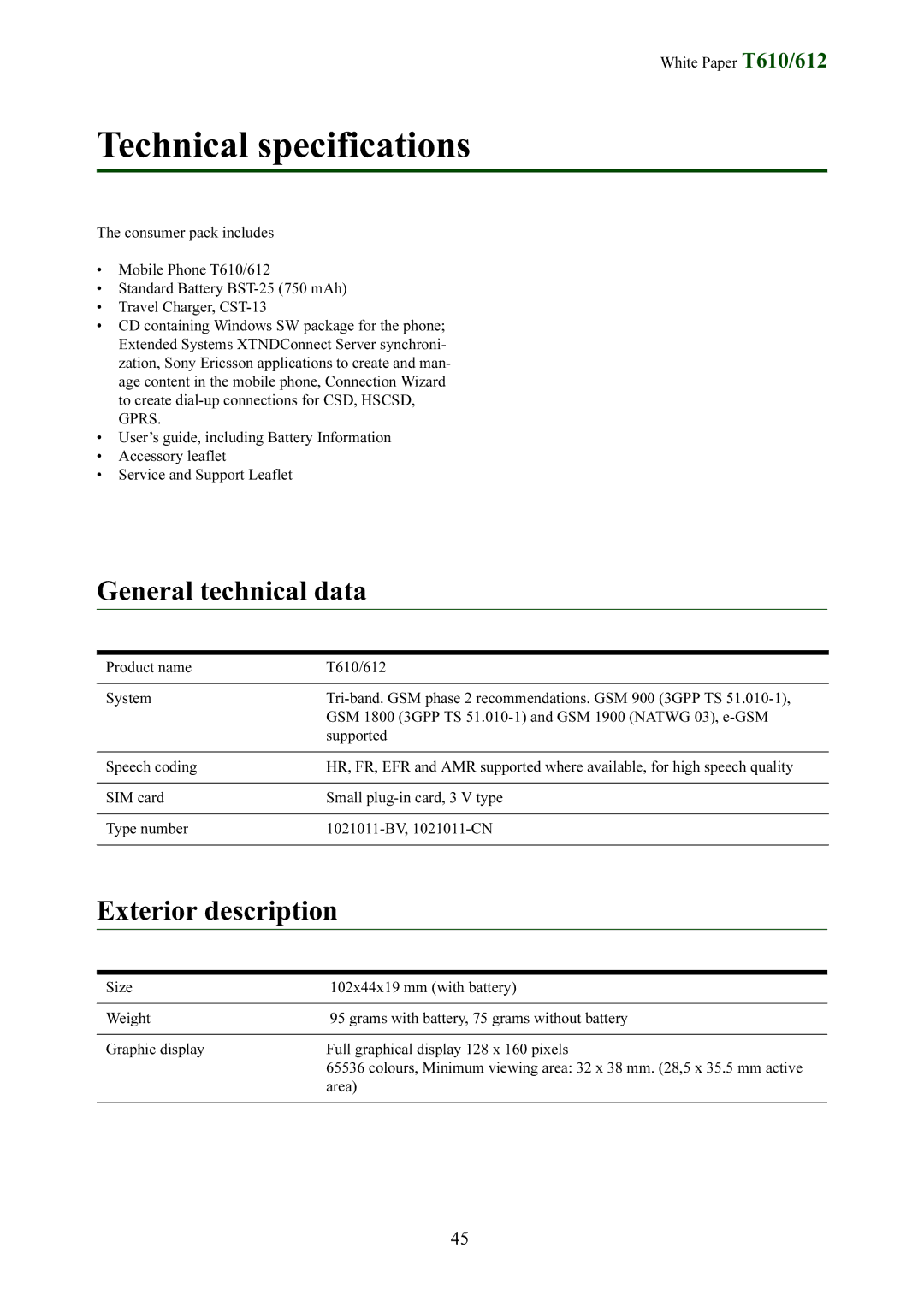 Sony Ericsson T612 manual General technical data, Exterior description, Area 