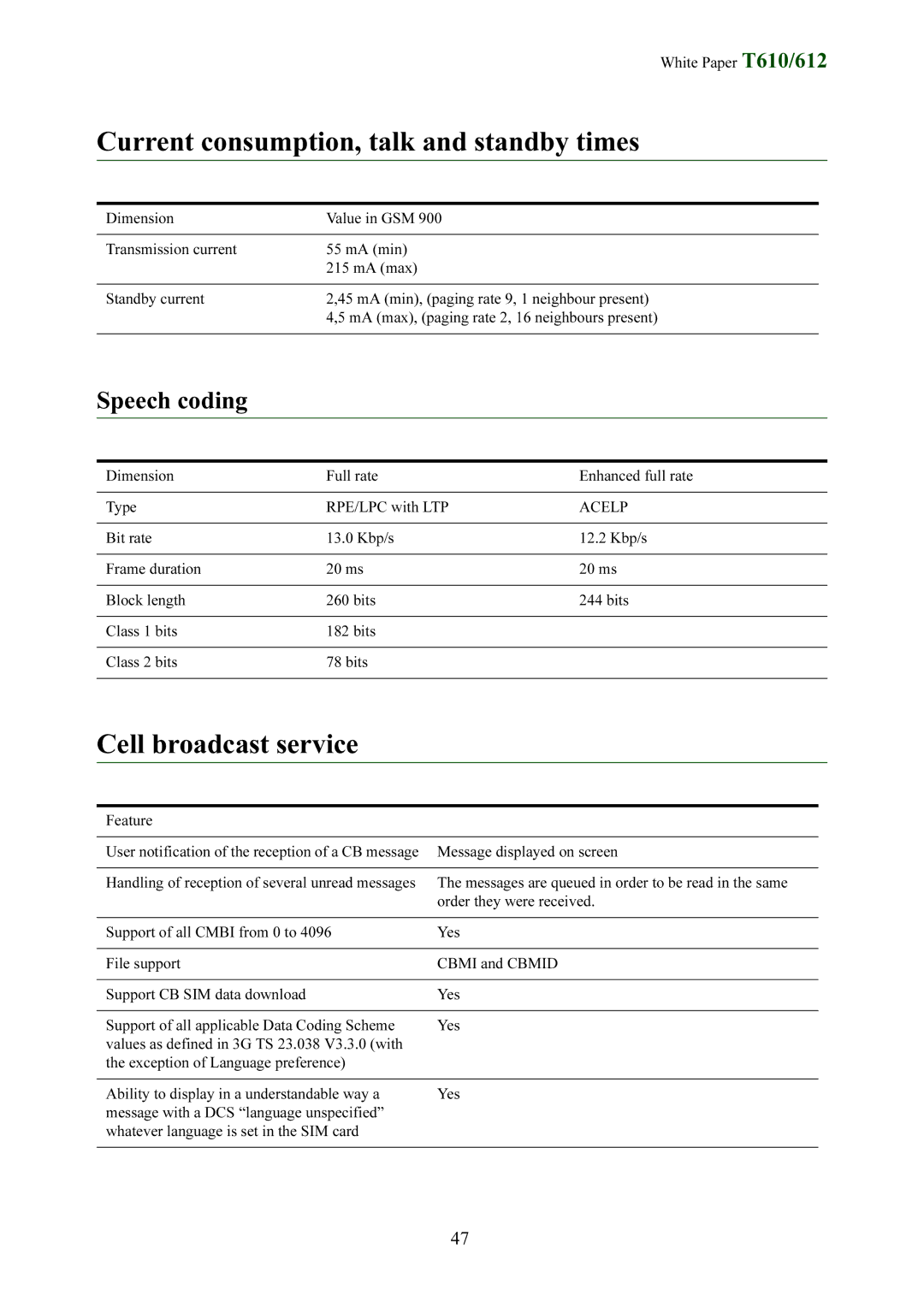 Sony Ericsson T612 manual Current consumption, talk and standby times, Cell broadcast service, Acelp 