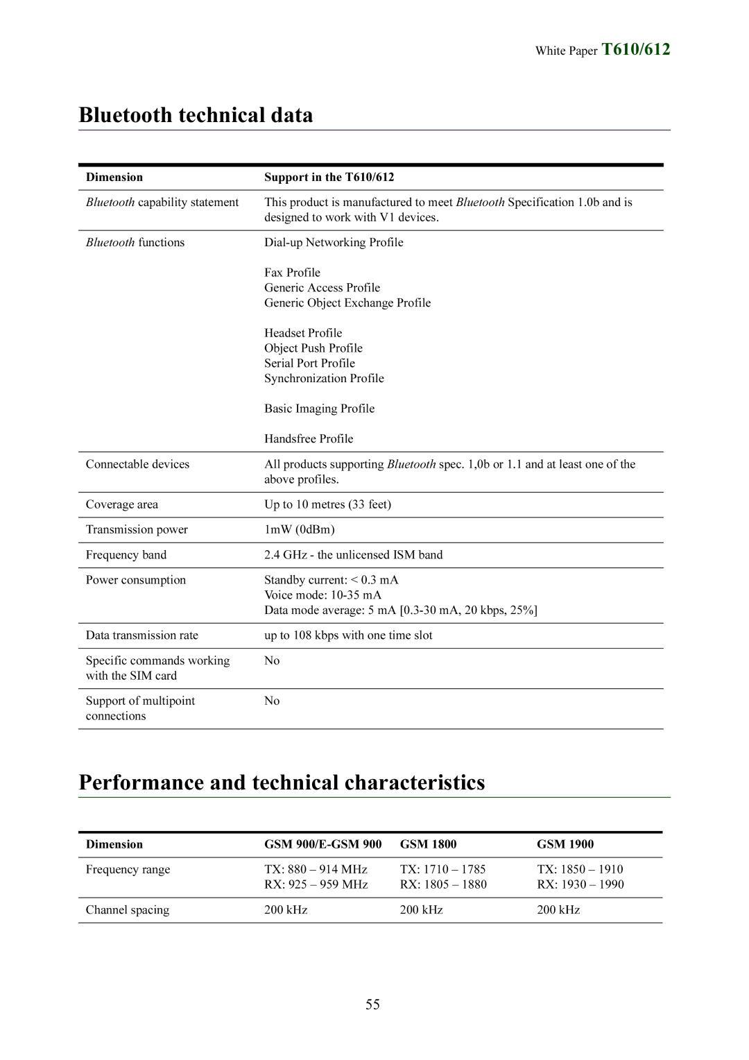 Sony Ericsson T612 manual Bluetooth technical data, Performance and technical characteristics 