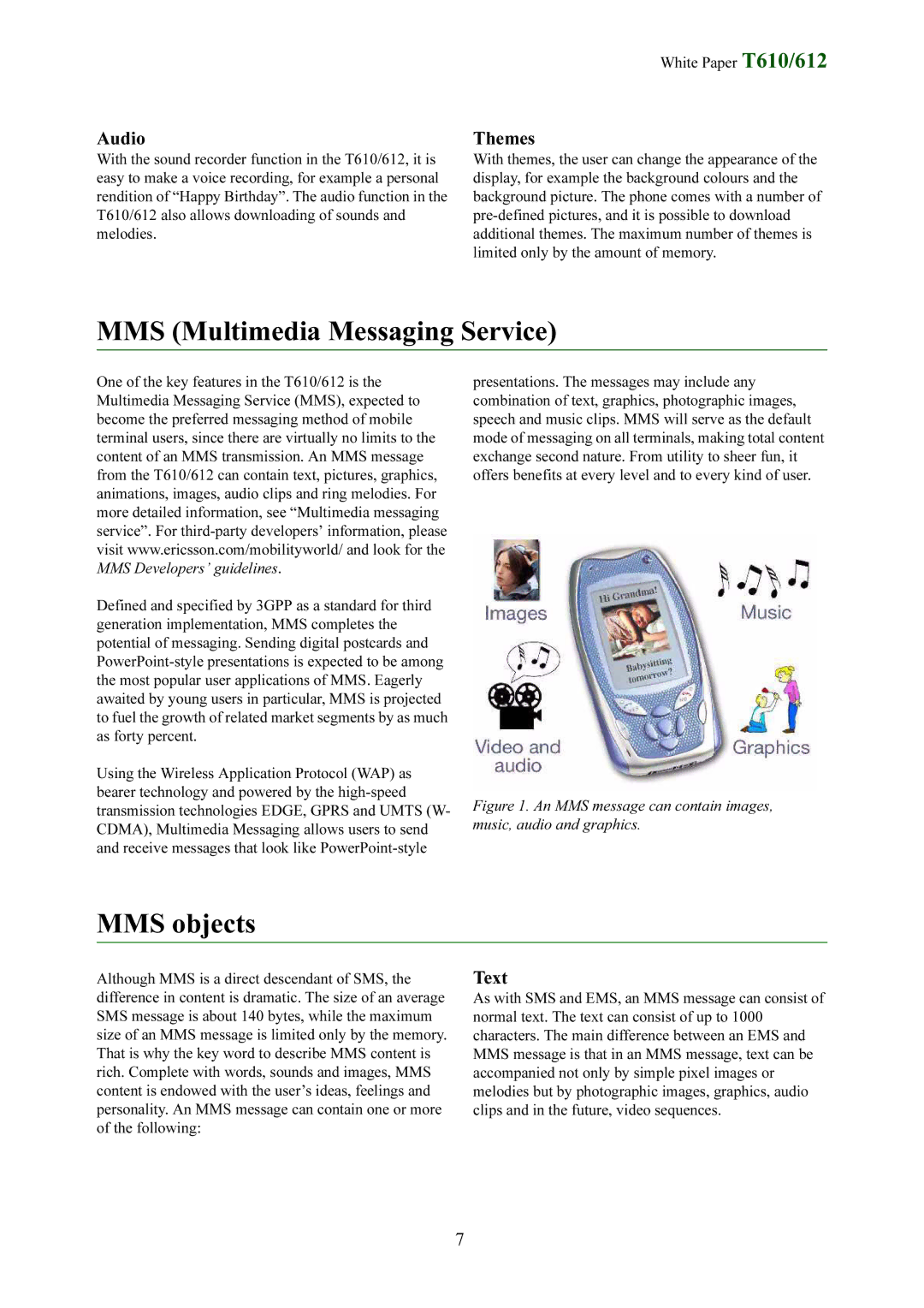 Sony Ericsson T612 manual MMS Multimedia Messaging Service, MMS objects, Audio, Themes, Text 