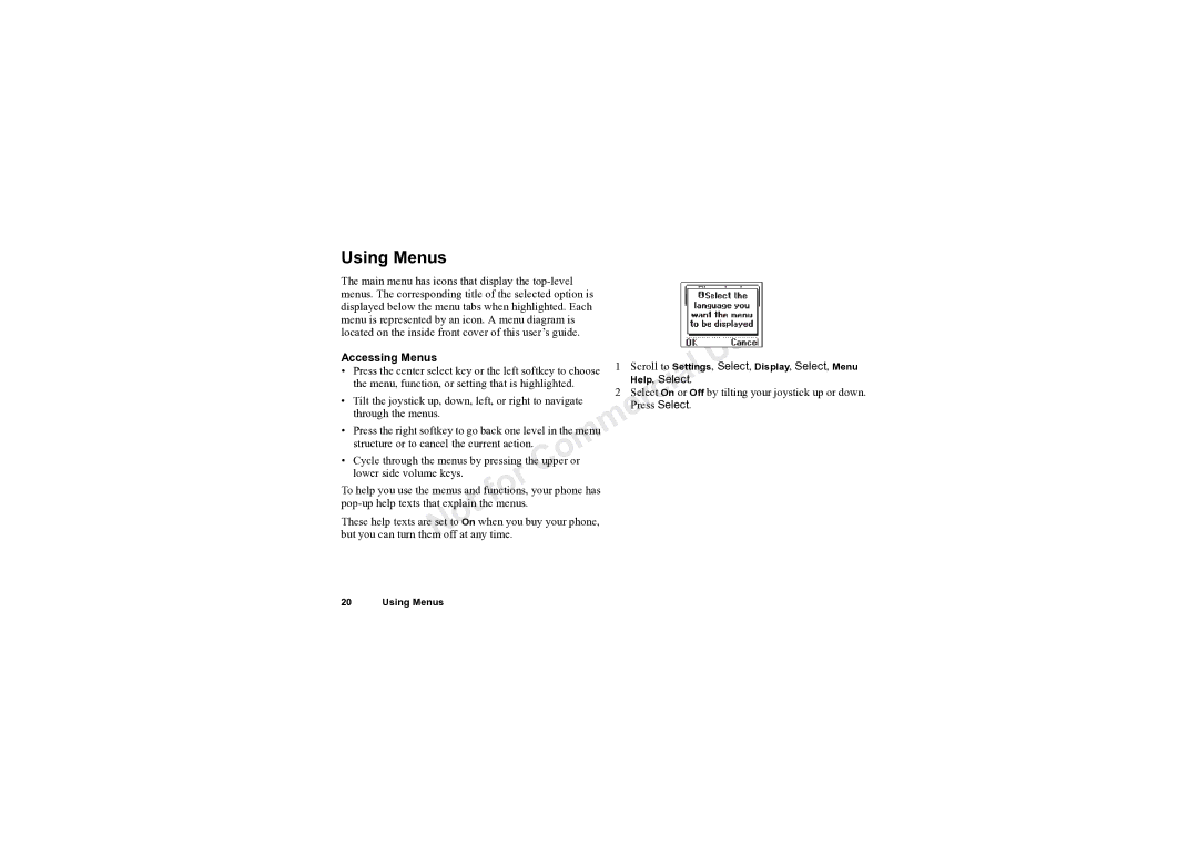 Sony Ericsson T61LX manual Accessing Menus, Help, Selecta 