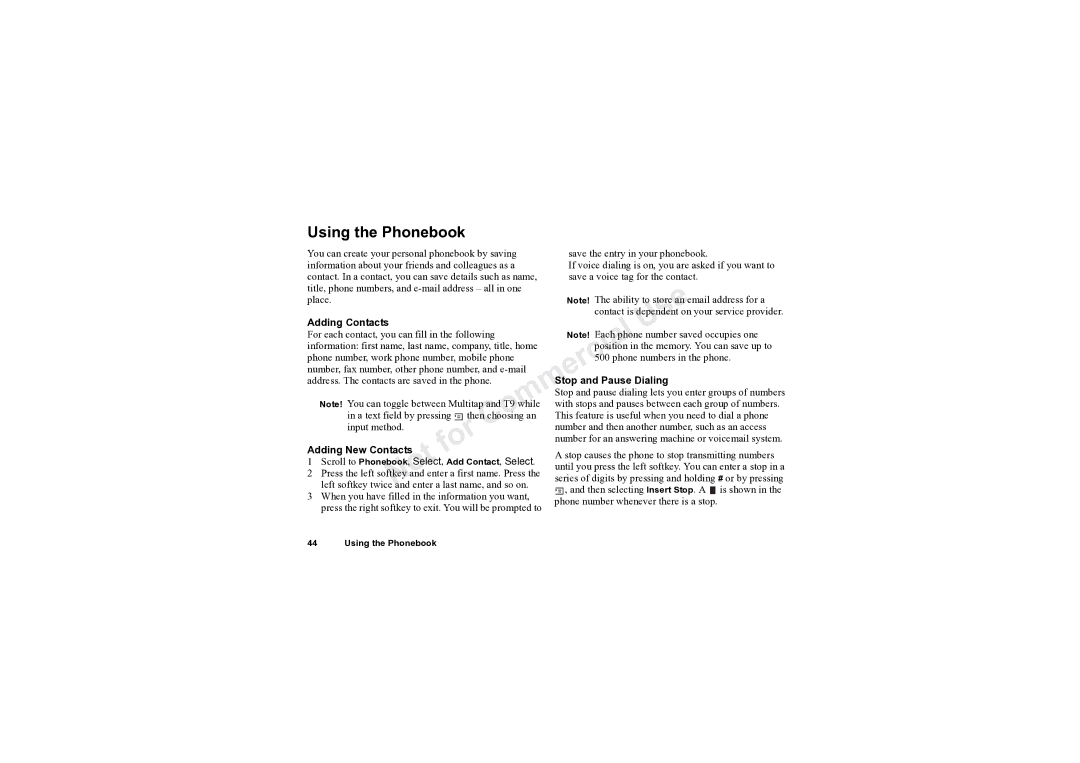 Sony Ericsson T61LX manual Adding Contacts, Stop and Pause Dialing 