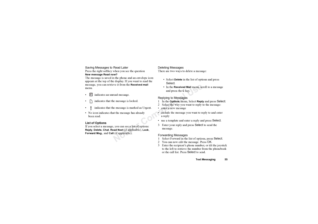 Sony Ericsson T61LX manual Saving Messages to Read Later Deleting Messages, Replying to Messagesl, List of Options 