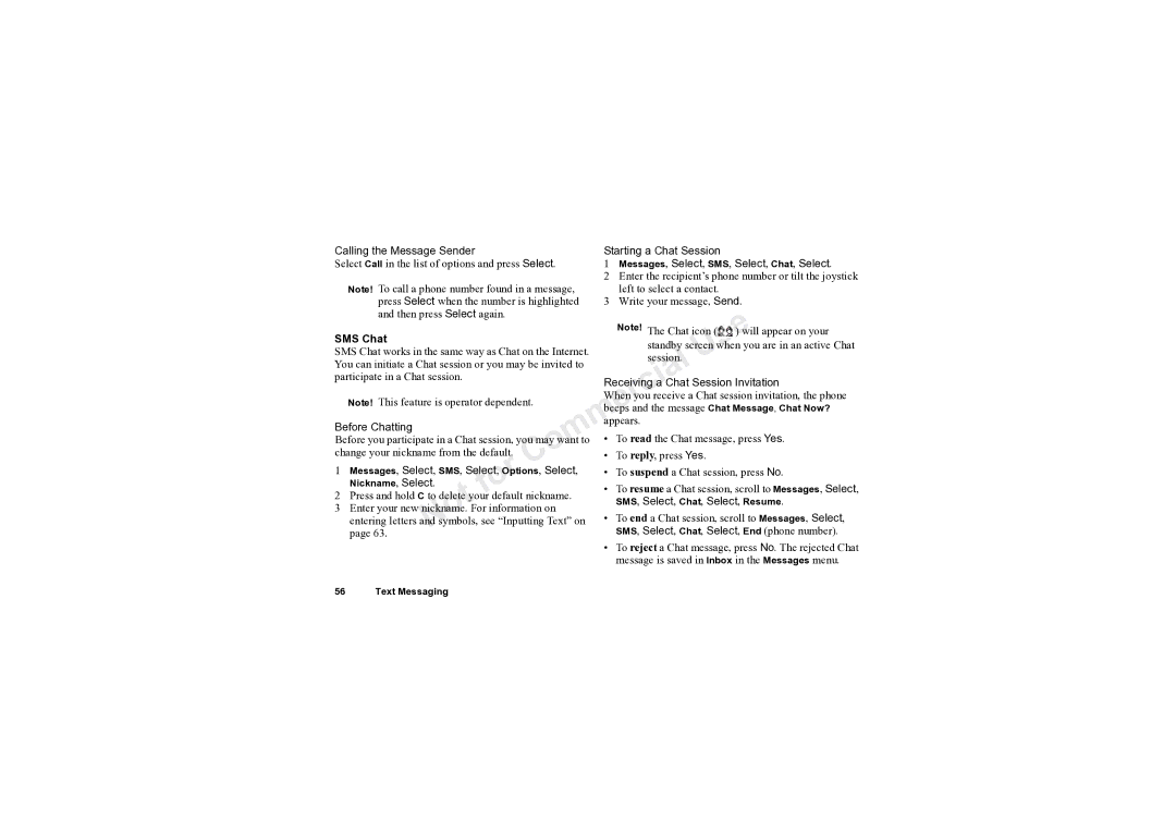 Sony Ericsson T61LX manual Calling the Message Sender Starting a Chat Session, Messages, Select, SMS, Select, Chat, Select 