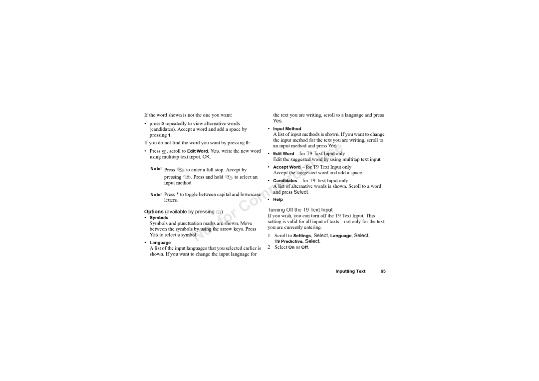 Sony Ericsson T61LX manual Yes, Options available by pressing Turning Off the T9 Text Input 